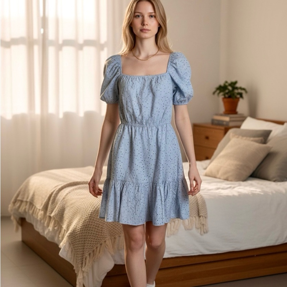 & Other Stories Light Blue Eyelet Square-Neck Mini Dress NWT